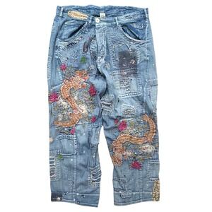 Magnolia Pearl Love Supply Co Patchwork‎ Distressed Dragon Embroidery Jeans Blue